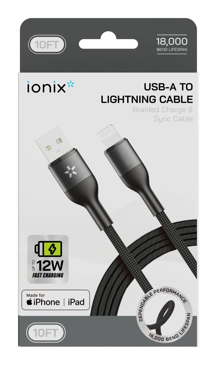 Ionix Usb-A To Lightning Charge And Sync Cable, 10 Ft