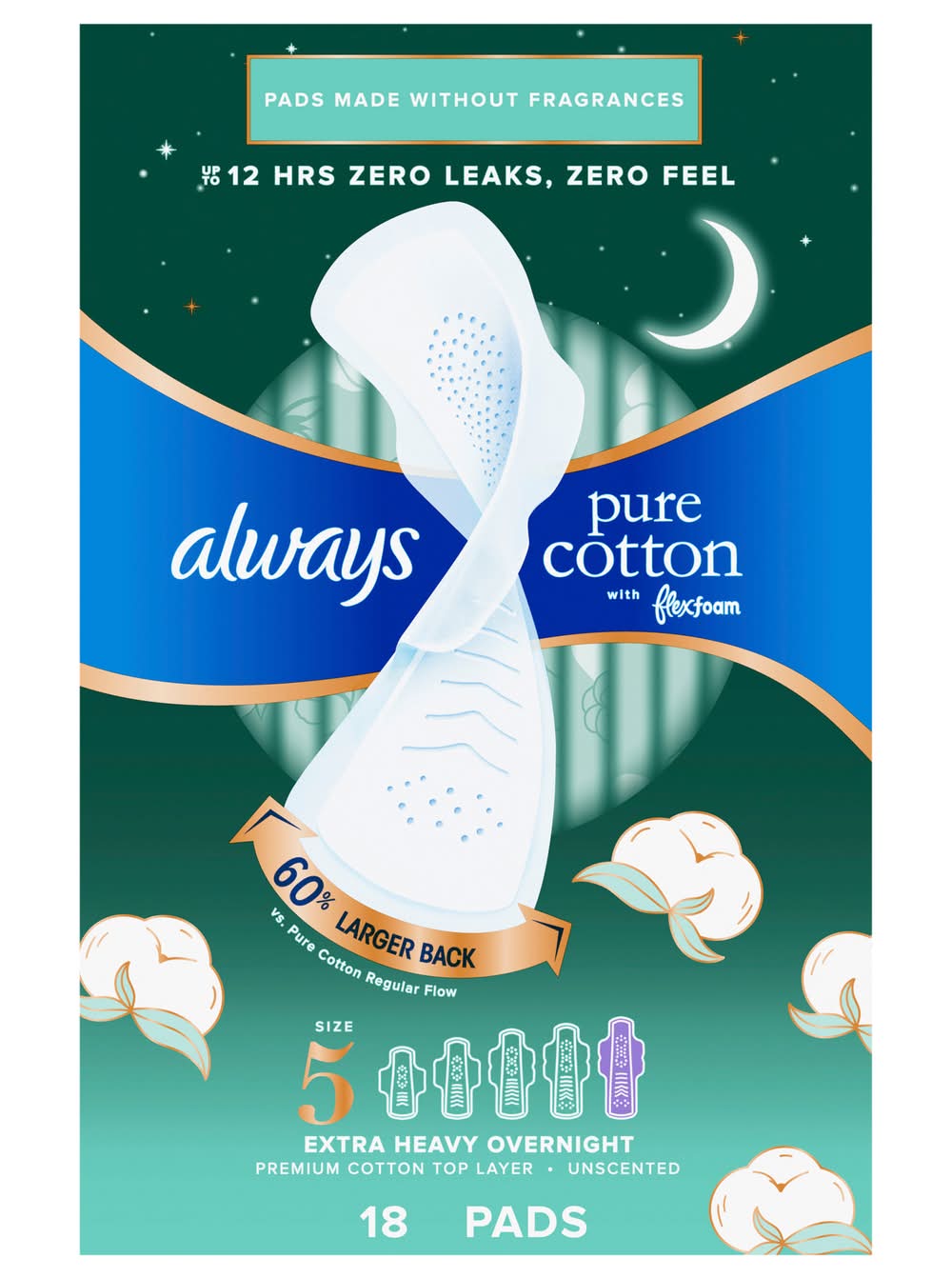 Always Pure Cotton Extra Heavy Overnight Pads With Flexi-Wings, Women, 5 (18 ct)
