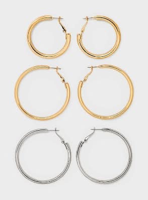 Wild Fable Smooth Tubular Mixed Hoop Earring Set, Gold-Silver (3 ct)