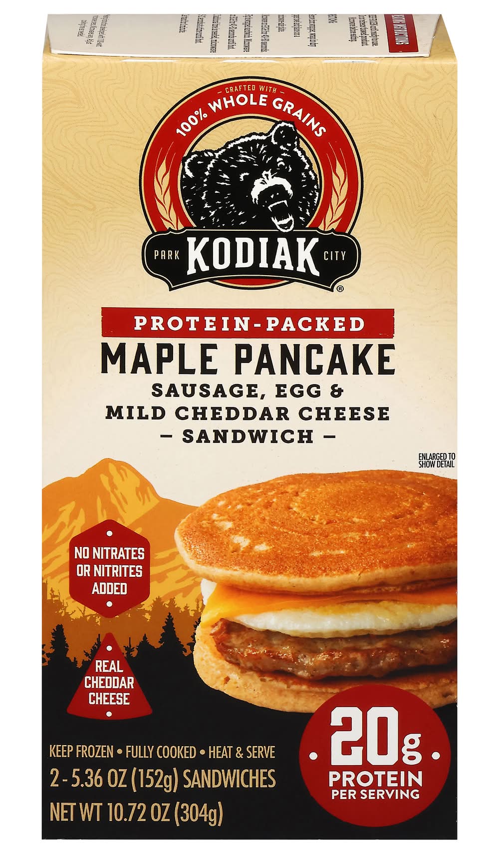Kodiak Protein Packed Maple Pancake Sandwich, Sausage-Egg-Mild Cheddar Cheese (5.36 oz, 2 ct)