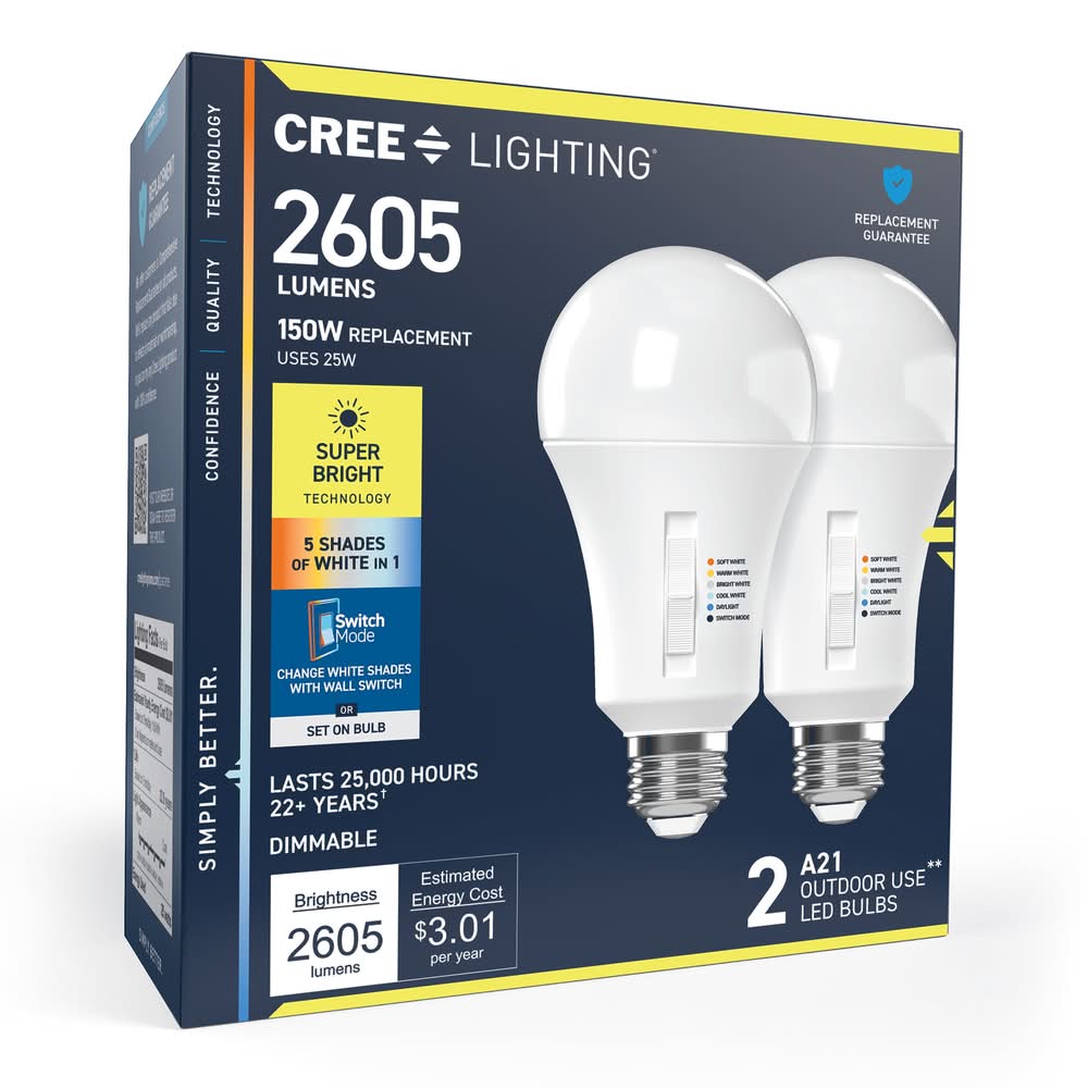 Cree Lighting 150 -Watt EQ A21 Switchable white Medium screw base E26 Dimmable LED General purpose Light Bulb 2 -Pack