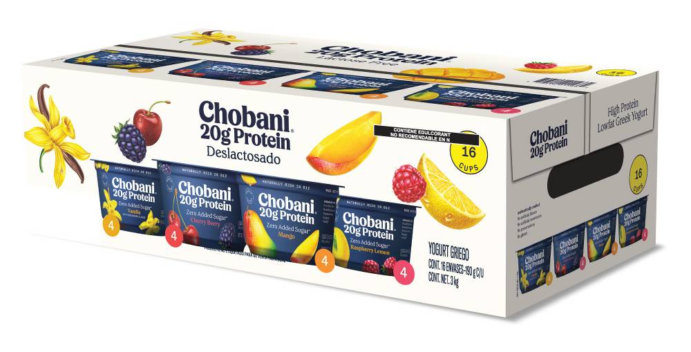 Chobani · Yogurt griego deslactosado sin azúcar 20g protein, vainilla-cereza-mango-frambuesa-limón (16 x 190 g)
