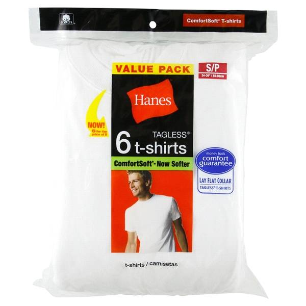 Hanes Men's Crew Neck T-Shirts, White, 6 Pack, Small