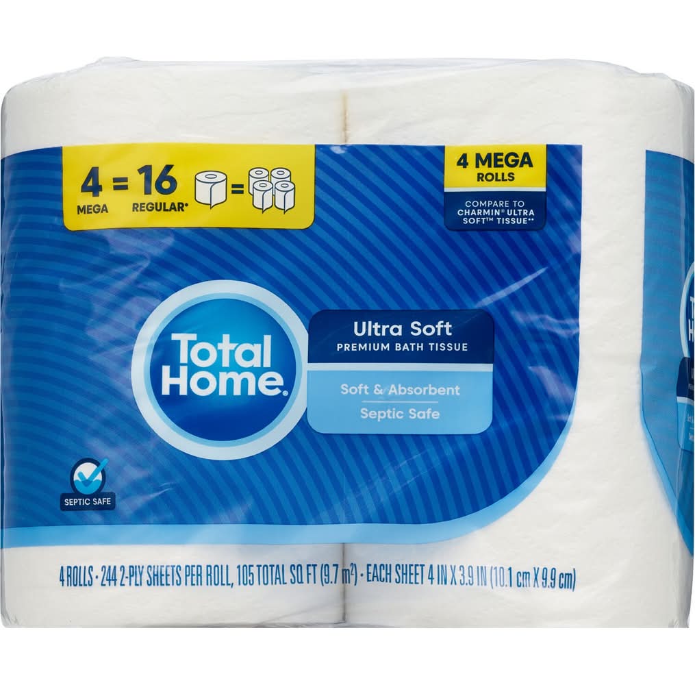 Total Home Ultra Soft Premium Bath Tissue Mega Rolls, 4x3.9 in (4 ct)