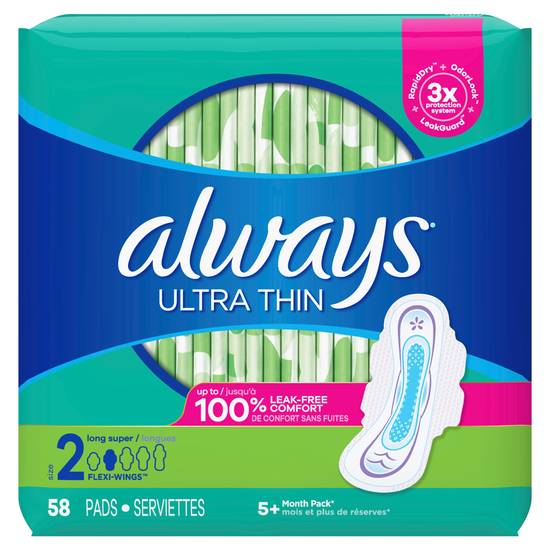 Always Ultra Thin Pads Size 2 Super Long Absorbency Unscented with Wings, 58 Count