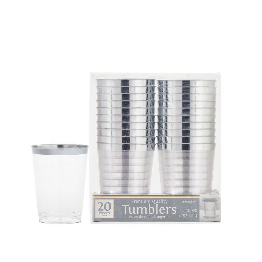 Party City Trimmed Premium Plastic Cups, Clear/Silver (20 ct)