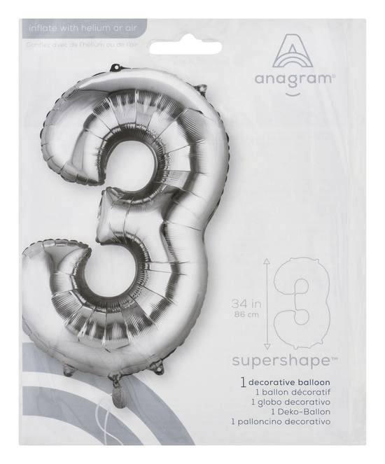 Balloon Number 3, 34 Inch, Silver