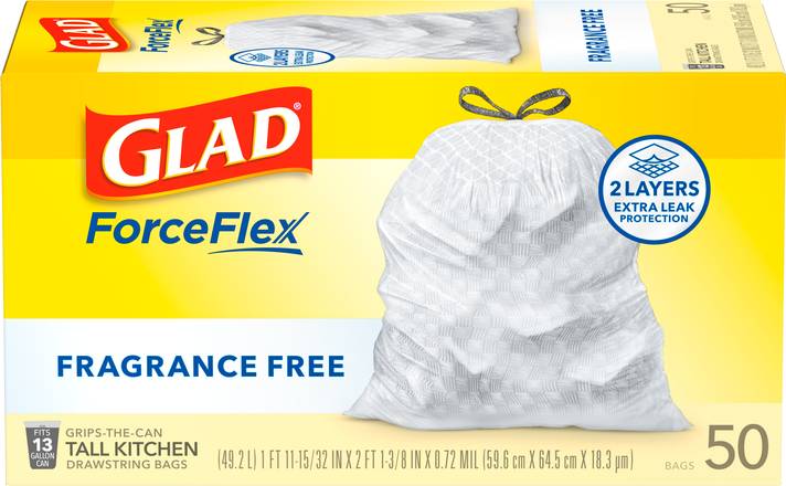 Glad Force Flex 13 Gallon Tall Kitchen Drawstring Trash Bags (59.6*64.5cm*18.3 pm)