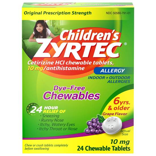 Zyrtec Chewable Tablets 10 mg Original Prescription Strength Grape Flavor Allergy Relief