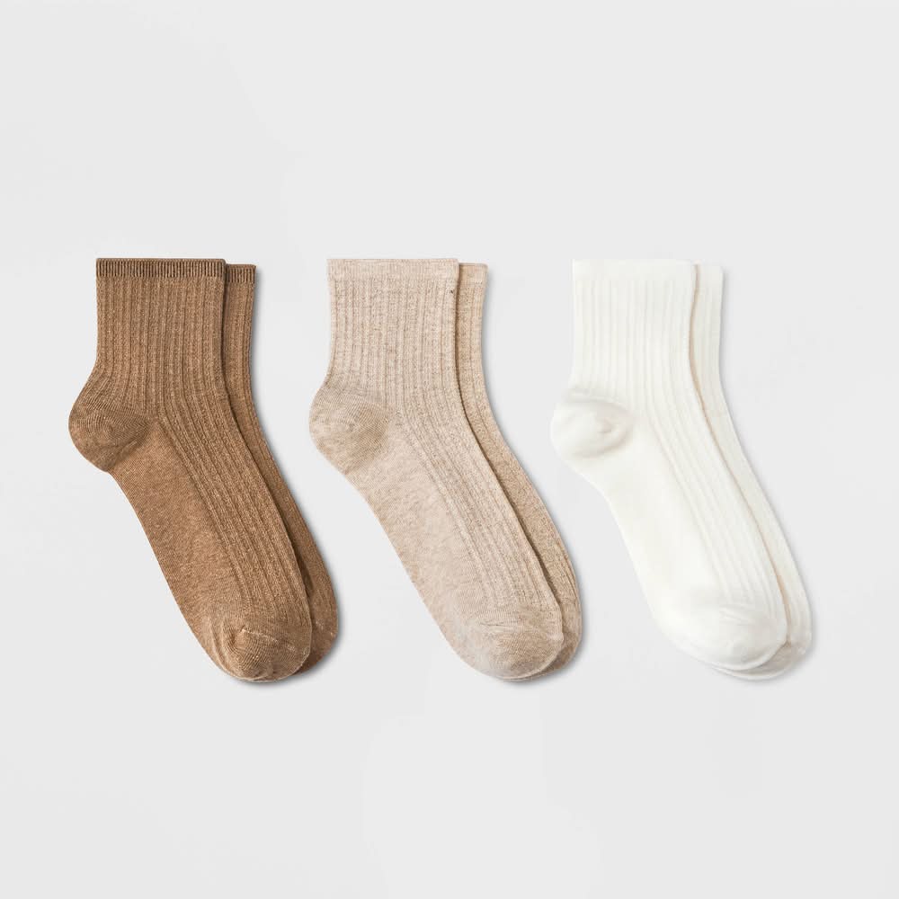 Universal Thread Pointelle Stitch Ankle Socks, Size 4-10, Brown-Oatmeal Heather-Ivory (3 ct)