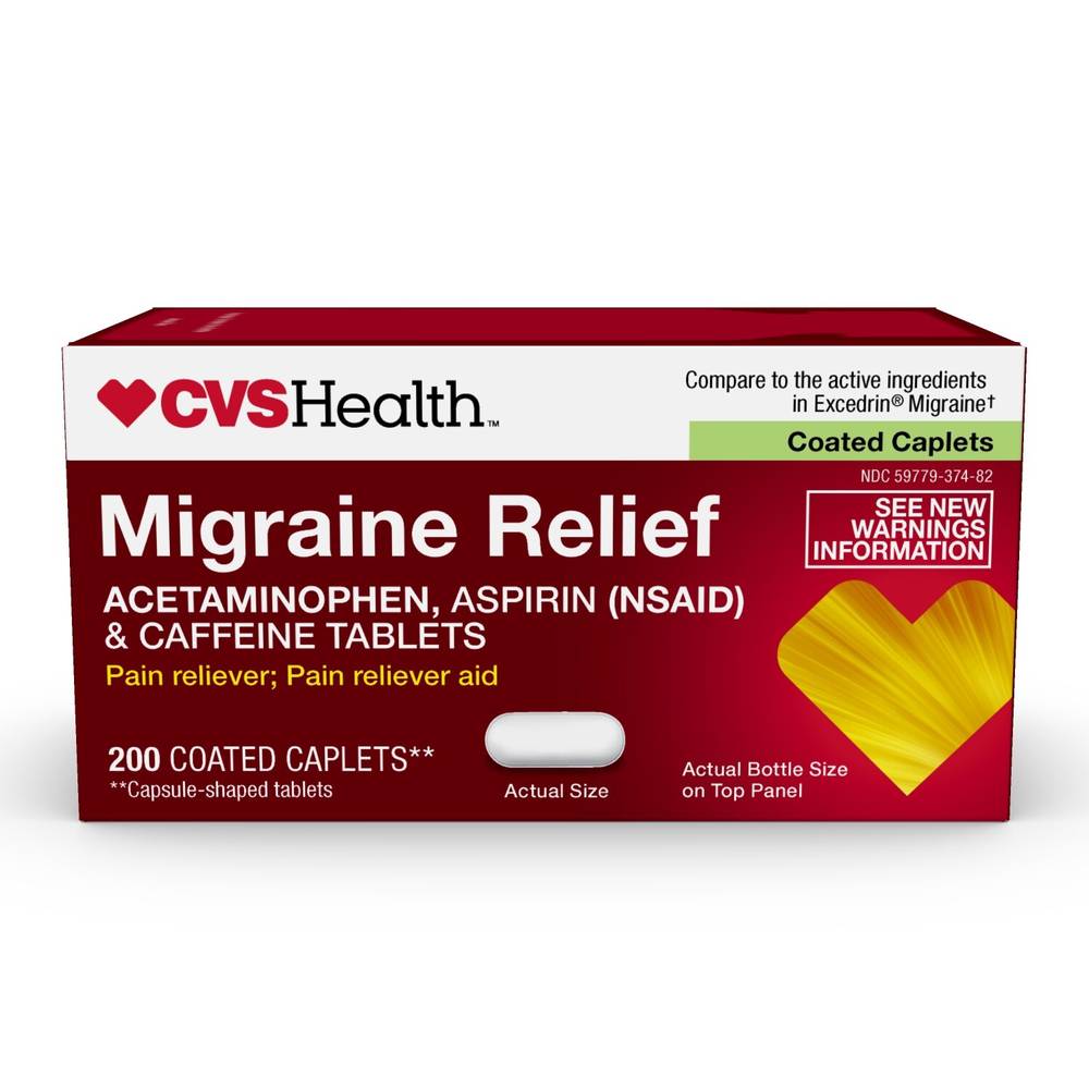 CVS Health, Migraine Relief, Acetaminophen Aspirin (NSAID) & Caffeine Tablets, 200 CT
