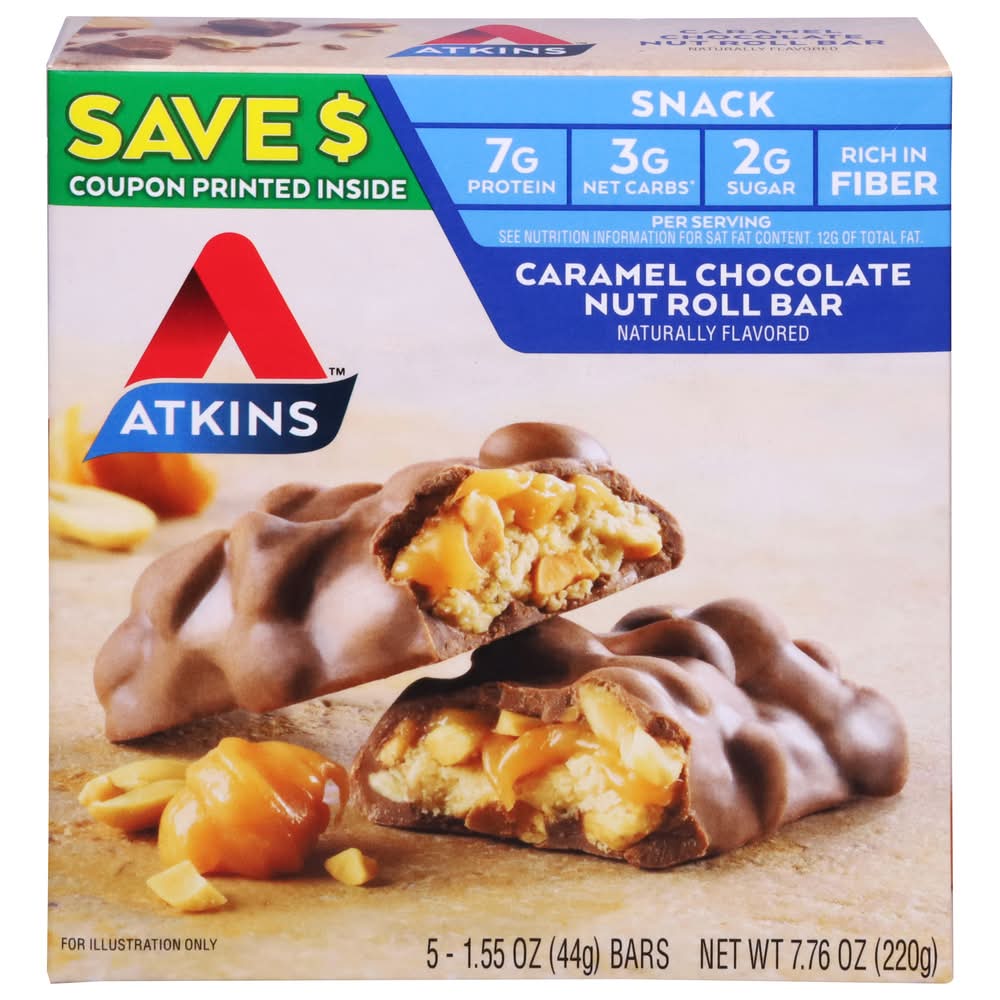 Atkins Nut Roll Snack Bars, Caramel Chocolate (5 x 1.55 oz)