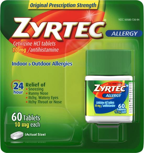 Zyrtec Original Prescription Strength Allergy Relief Cetirizine Hcl 10 mg (60 ct)