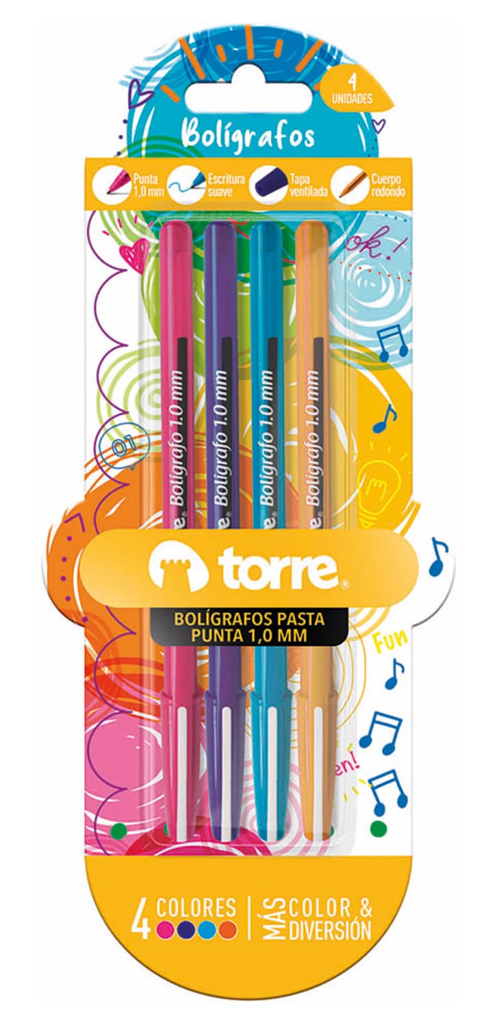 Torre · Bolígrafos 1.0 mm colores (4 un)