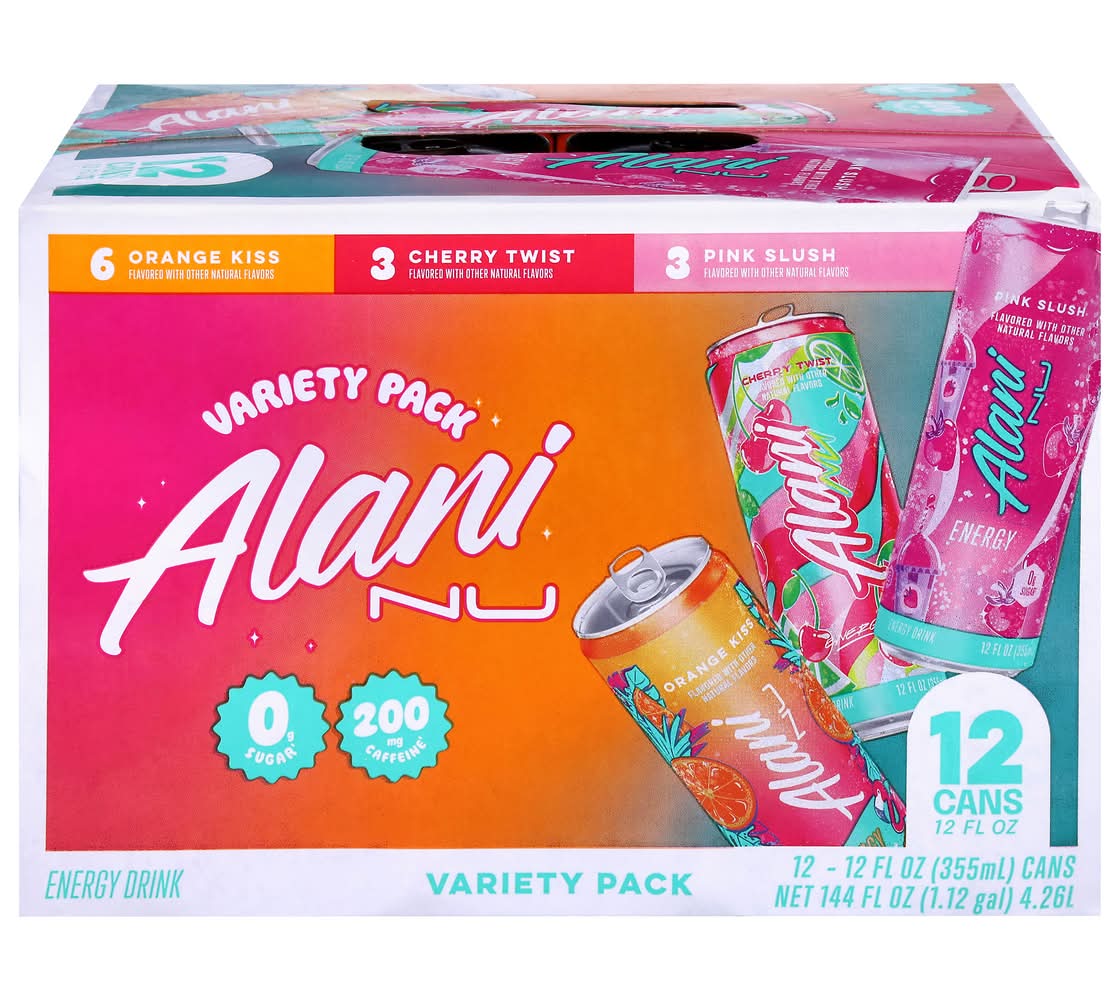 Alani Nu Energy Drink Variety pack, Orange Kiss-Cherry Twist-Pink Slush (12 x 12 fl oz)