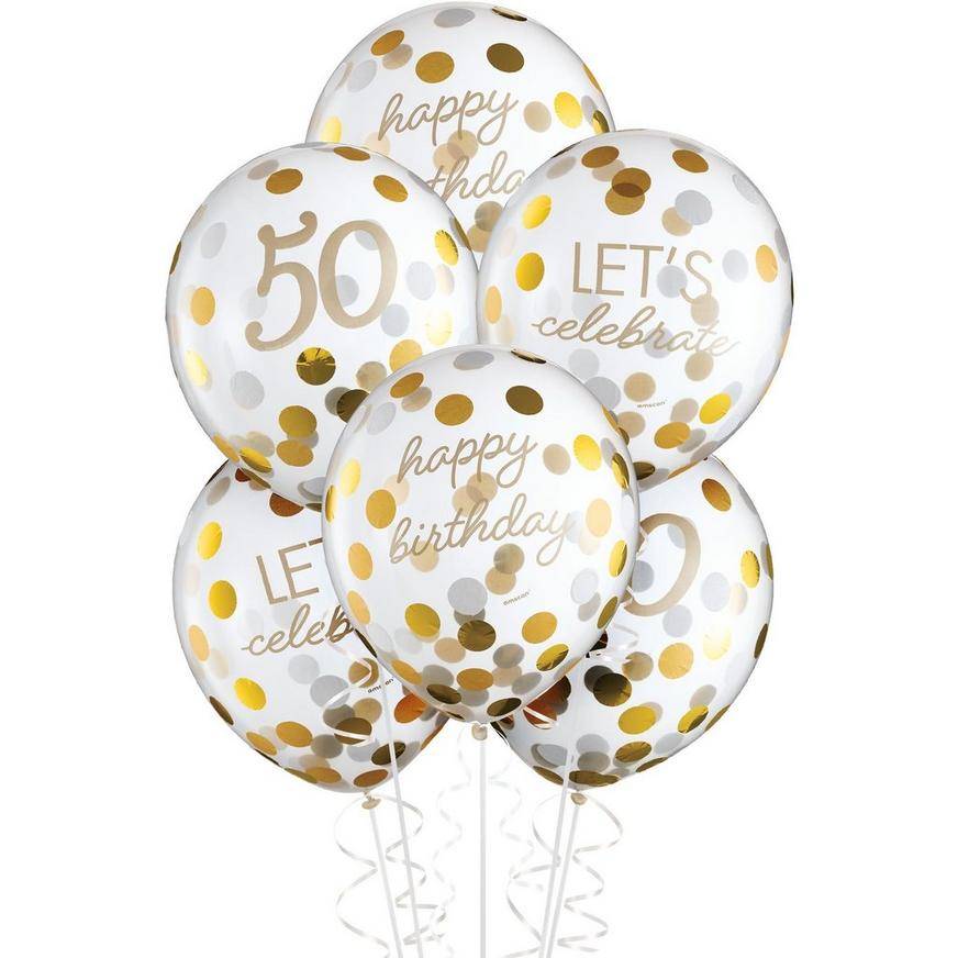 Uninflated 6ct, 12in, Metallic Golden Age 50th Birthday Latex Confetti Balloons