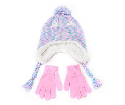 Blue & Pink Space Dye Kitty Earflap Beanie & Gloves Set