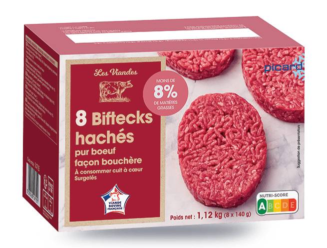 8 biftecks hachés (140g), pur boeuf, 8% M.G maxi