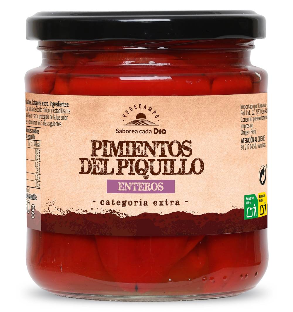 Pimientos Del Piquillo Enteros Al Natural Vegecampo De Dia Frasco 260 G