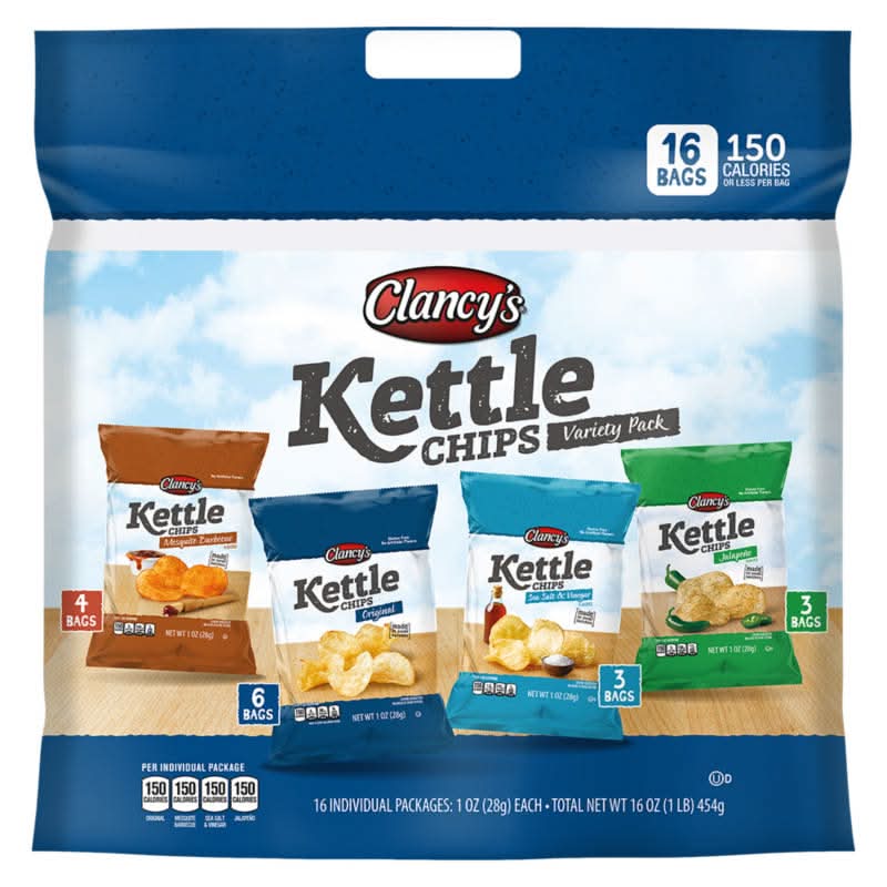 Clancy's Kettle Potato Chips Variety pack, Mesquite Barbecue-Original-Sea Salt & Vinegar-Jalapeno (16 x 1 oz)