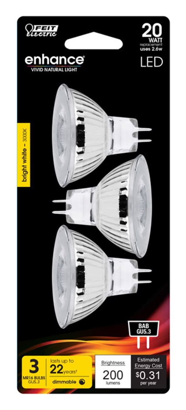 Feit Enhance Mr16 Gu5.3 Led Bulb Bright White 20 Watt Equivalence 3 Pk
