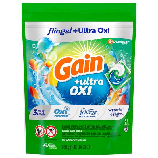 Gain Flings Ultra Oxi Laundry Detergent Pacs, 31 Count, Waterfall Delight Scent, 3-in-1, He Compatible