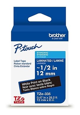 Brother P-touch Laminated Label Tape, 1/2 x 26.2', White on Black (TZe335)