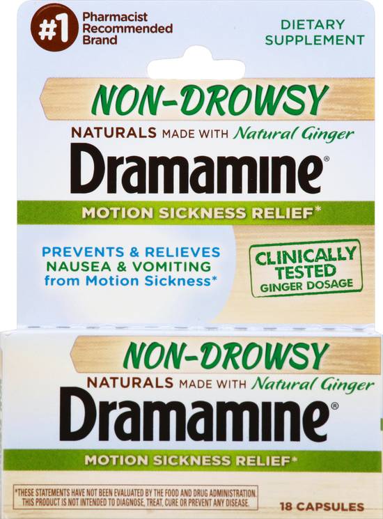 Dramamine Natural Ginger Non-Drowsy Capsules Motions Sickness Relief (18 ct)