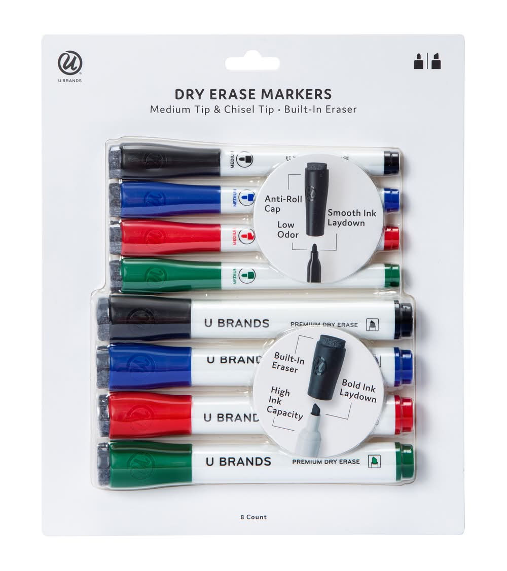 U Brands® Dry Erase Markers Medium  & Chisel Tip With Built-In Eraser 8-Count