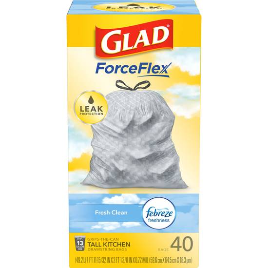 Glad ForceFlex Tall Kitchen Trash Bags, 13 Gal Drawstring, Febreze Fresh Scent, 40 ct
