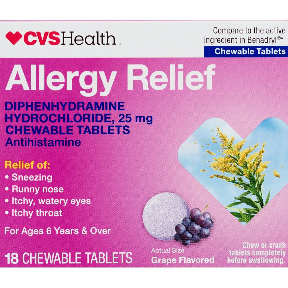 Cvs Health Allergy Relief Diphenhydramine Hydrochloride 25Mg Chewable Tablets, Grape, 18 Ct