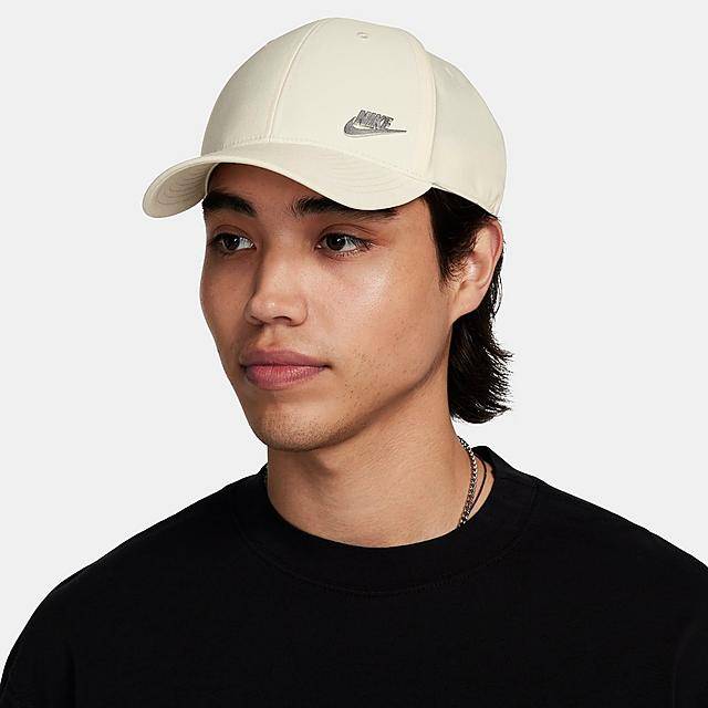 Nike Dri-Fit Club Structured Metal Logo Strapback Hat, M/L, Coconut Milk/Metallic Silver