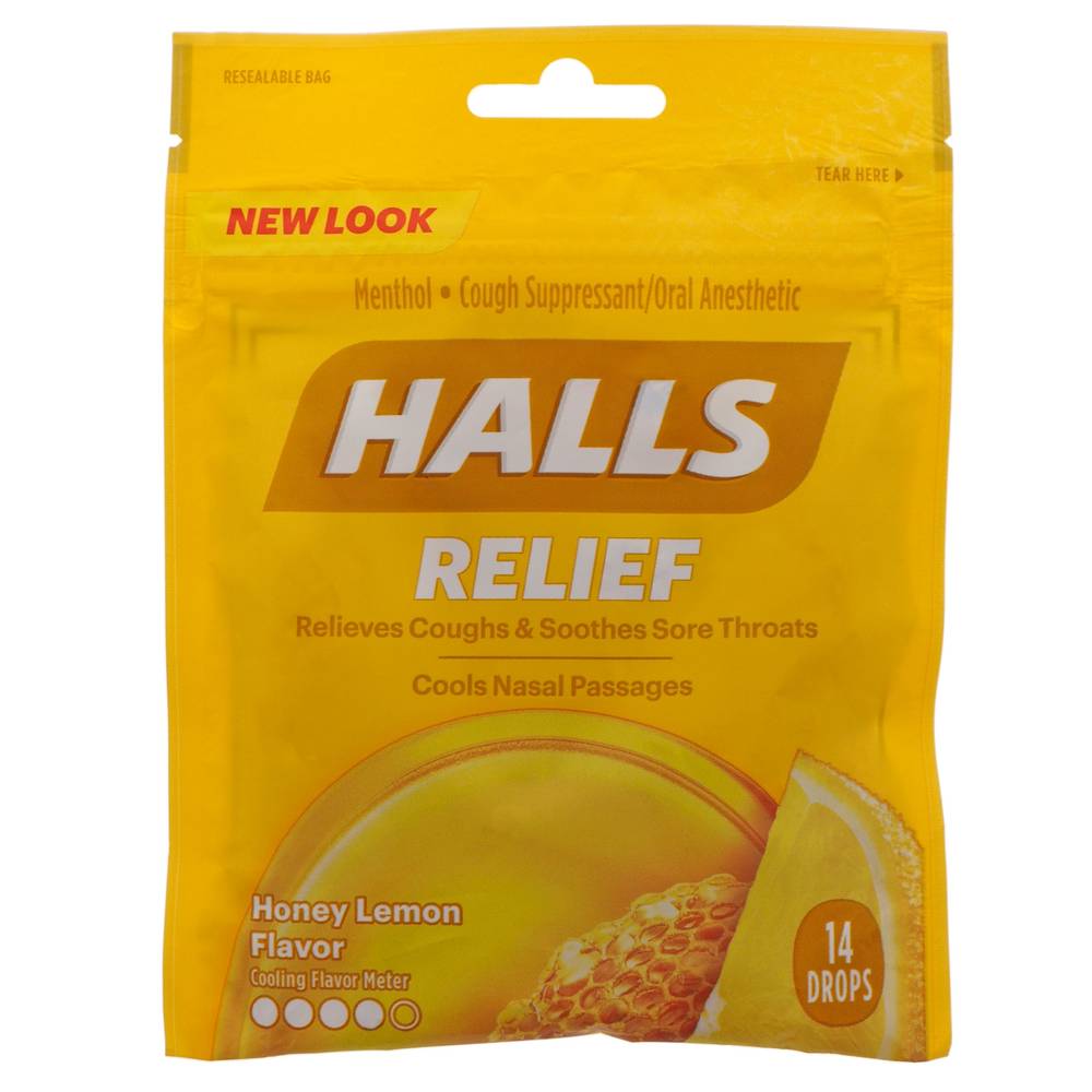 Halls Relieves Coughs & Soothes Sore Throats Cools Nasal Passages, Honey-Lemon