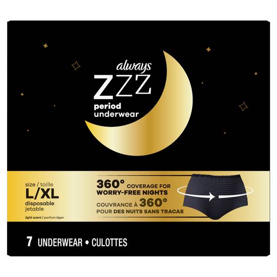 Always ZZZ Overnight Disposable Period Underwear for Women Size LG, 360 Coverage, 7 Count