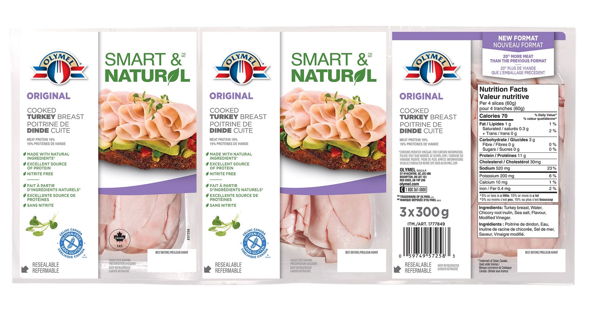 Olymel Smart & Natural - Poitrine De Dinde Cuite, 3 × 300 G / Olymel Smart & Natural Original Cooked Turkey Breast, 3 × 300 G