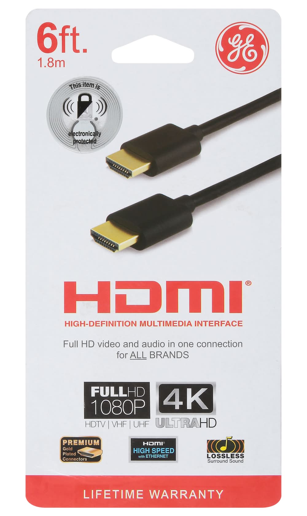 General Electric Hdmi High Speed Cable With Ethernet Gold Connectors, 6 ft, Black