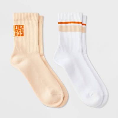 Women's "Good Energy" Cushioned Ribbed 2pk Mid Crew Socks - Peach/White/Orange 4-10