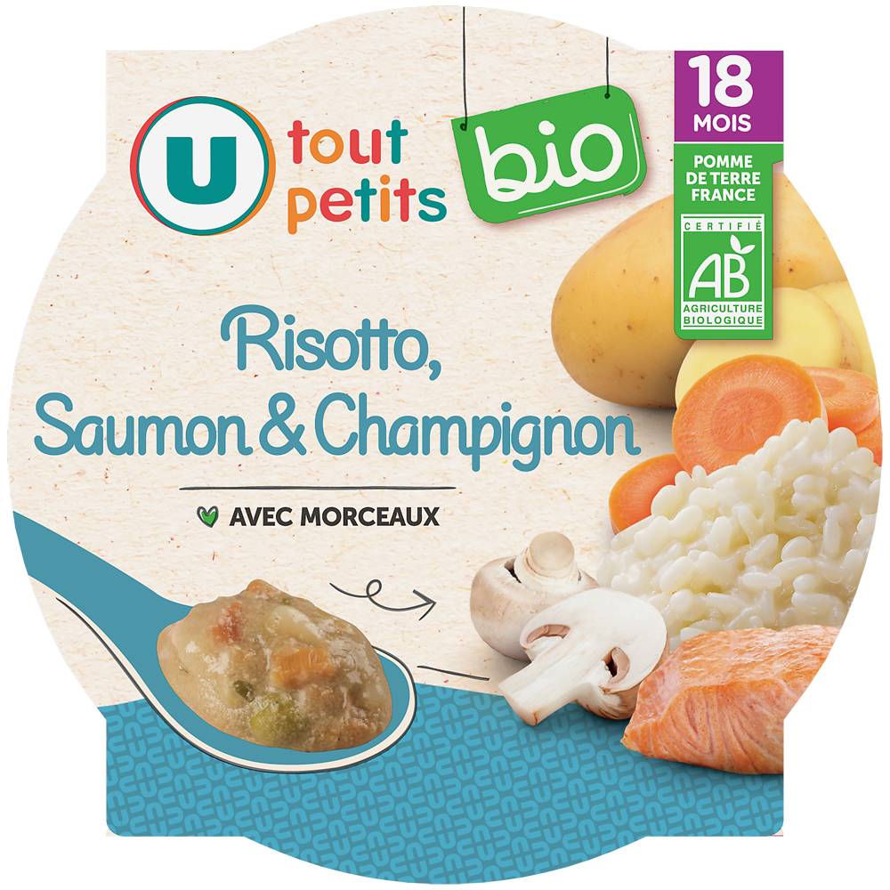 U Tout Petits Bio - Assiette de risotto au saumon et champignon en morceaux, 18 mois