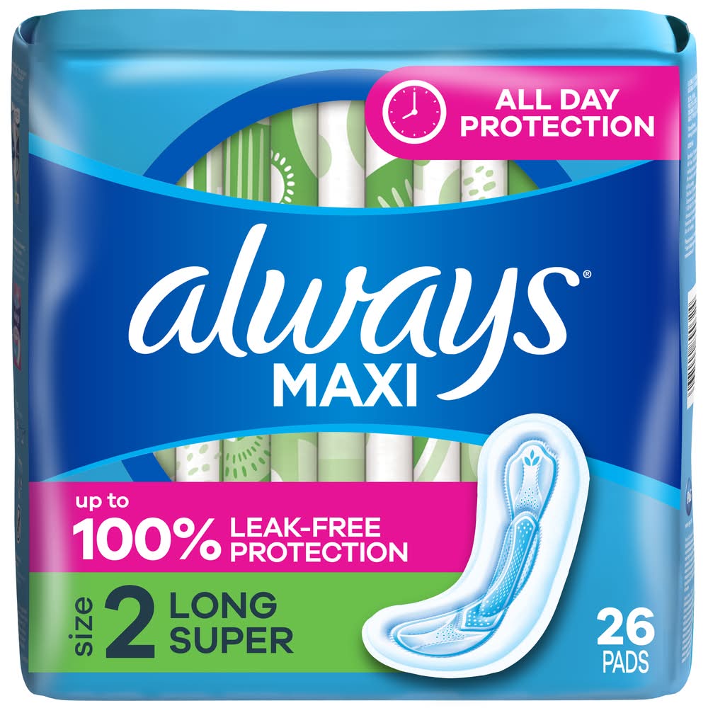 Always Maxi Pads, Long Super, Without Wings Unscented, Size 2