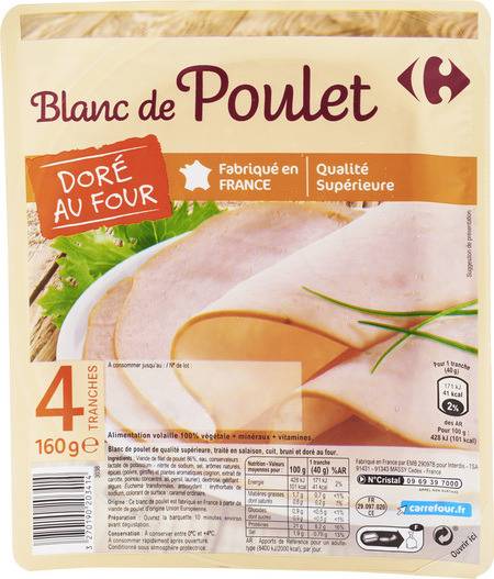 Blanc de poulet doré au four Carrefour Extra - la barquette de 4 tranches - 160g