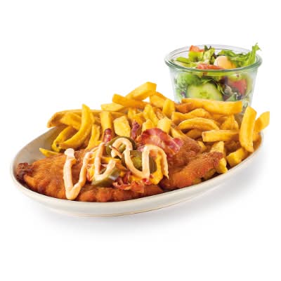 Loaded hot & cheesy kipschnitzel menu