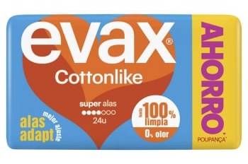 Compresas super con alas Cottonlike Evax 24 ud.
