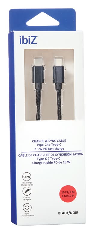Ibiz câble de charge et de synchronisation rapide pd 18w type-c à type-c (noir)