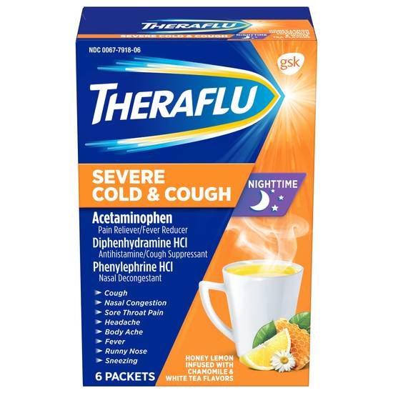 Theraflu Severe Cold and Cough Powder Packets Nighttime Honey Lemon Infused with Chamomile and White Tea (6 ct)