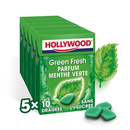 Chewing-gum à la menthe verte sans sucres Green Fresh HOLLYWOOD - Les 5 boîtes de 10 dragées - 70 g