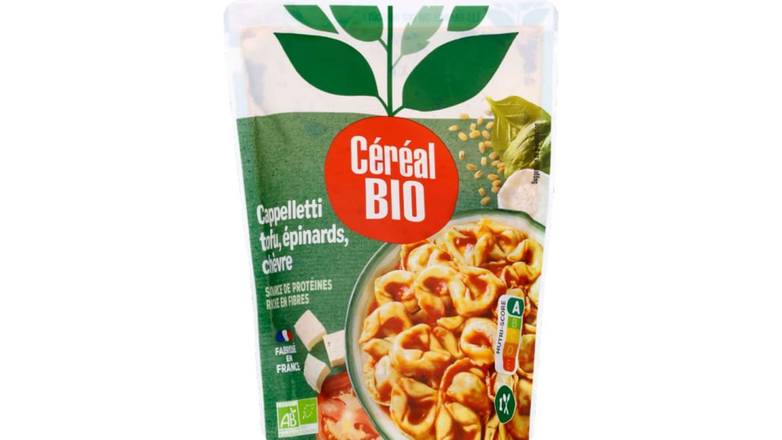 Céréal Bio Cappelletti chèvre, tofu, épinards, sauce tomate cuisinée, sans viande, bio La portion de 220g