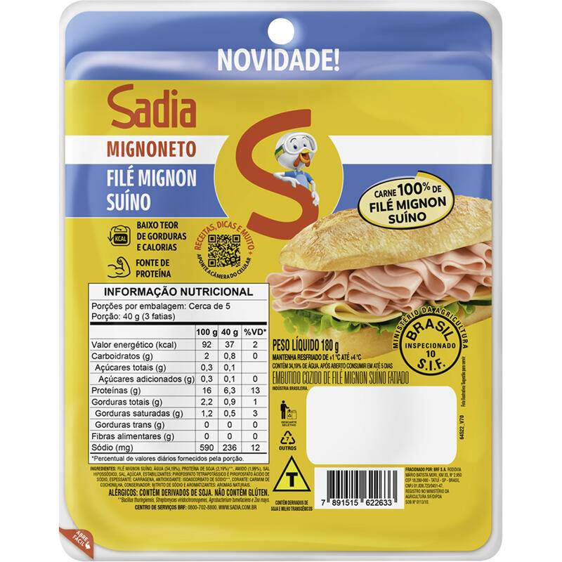 Sadia embutido de filé mignon suíno fatiado mignoneto (180 g)