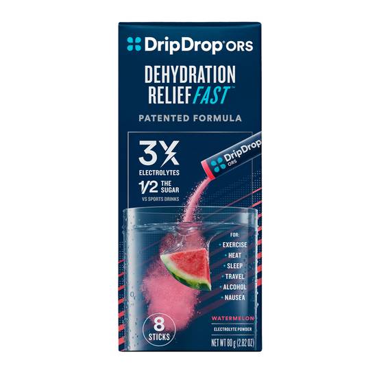 DripDrop ORS Electrolyte Powder for Fast Dehydration Relief - Watermelon, 8 ct