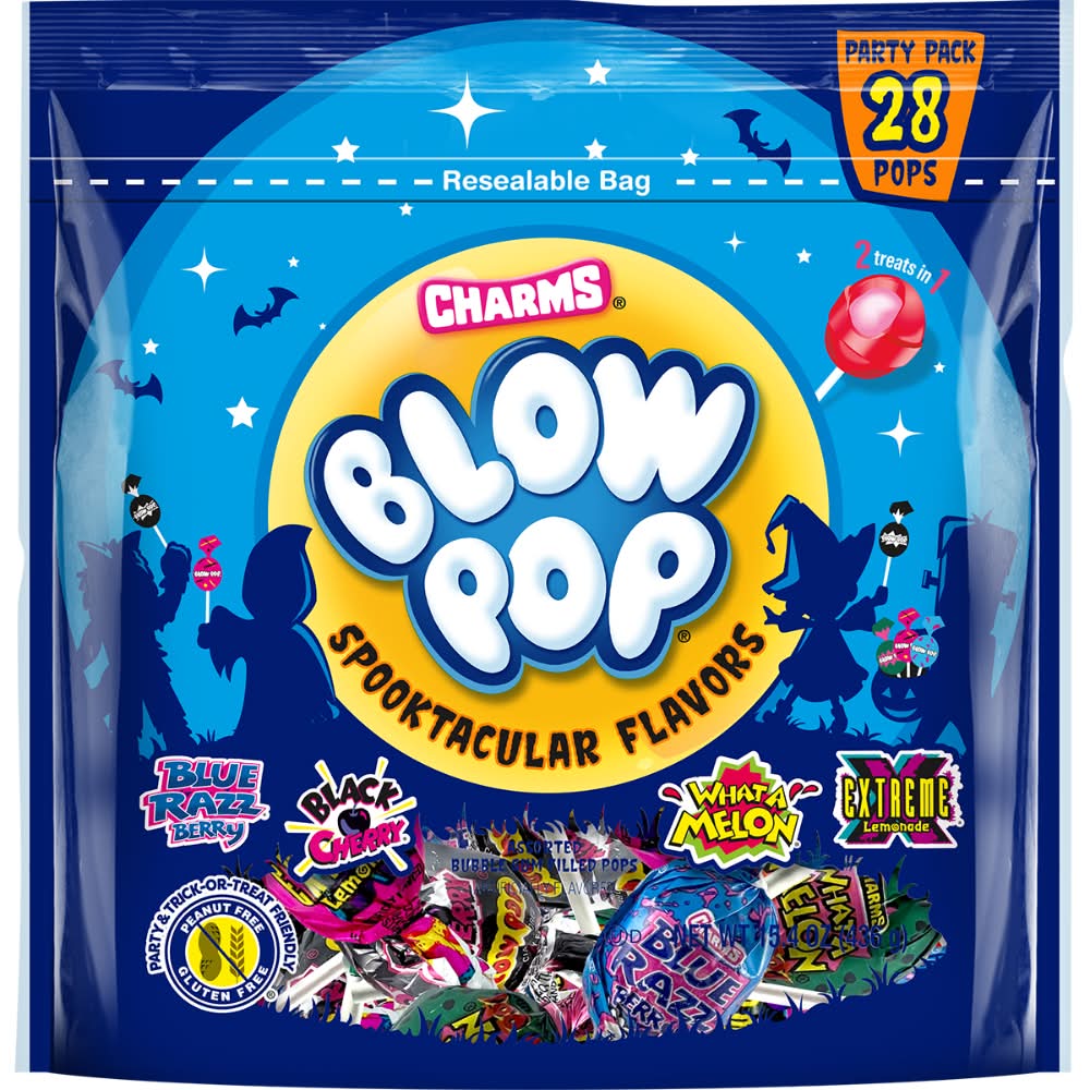 Charms Gluten Free Blow Pop Filled Pops, Blue Razz Berry-Black Cherry-What-A-Melon-Extreme Lemonade (15.4 oz, 28 ct)
