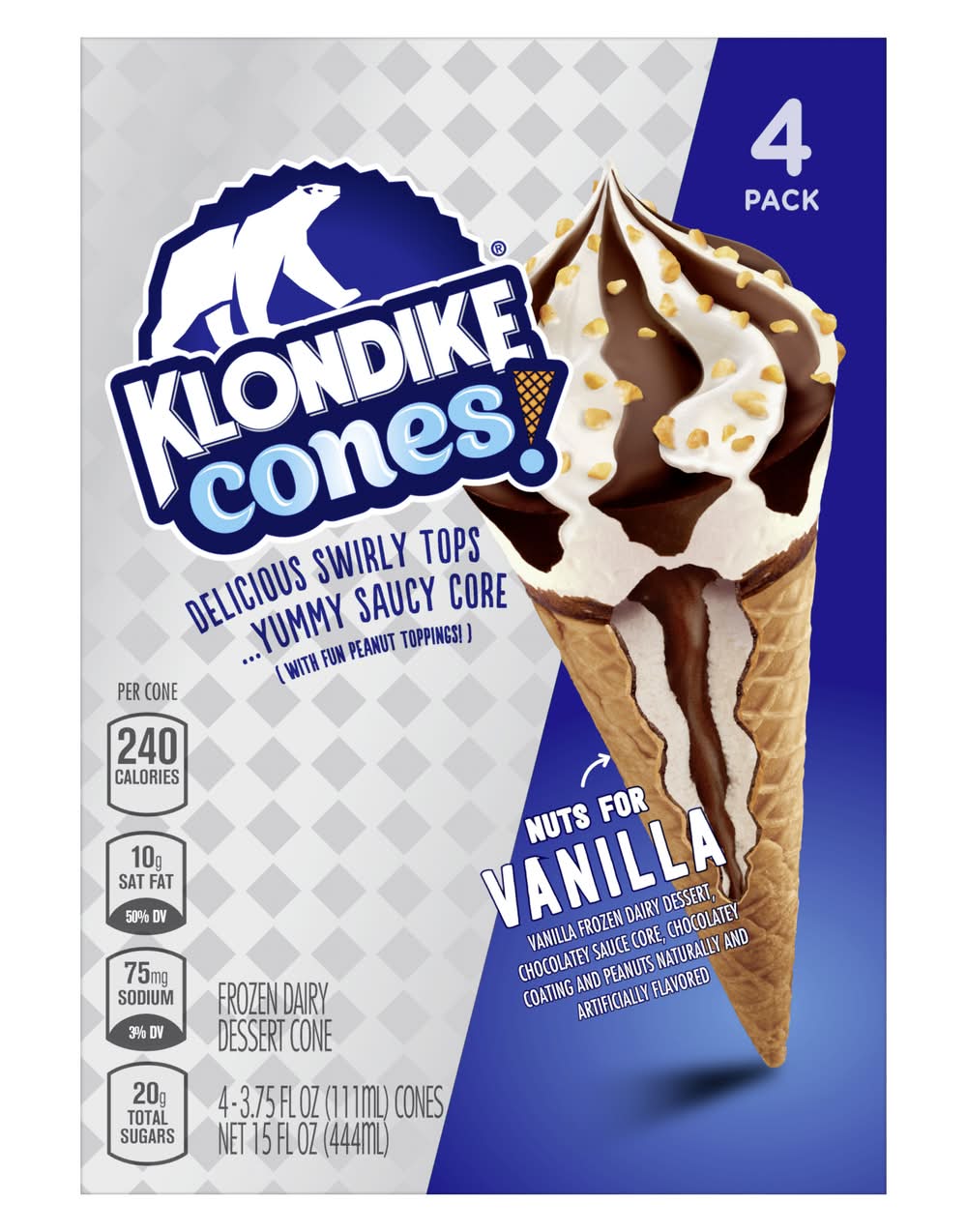 Klondike Frozen Dairy Dessert Cones, Nuts For Vanilla (4 x 3.75 fl oz)